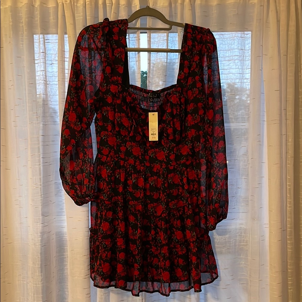 Trixxi Red and Black Pleated Sundress with Bishop Sleeves